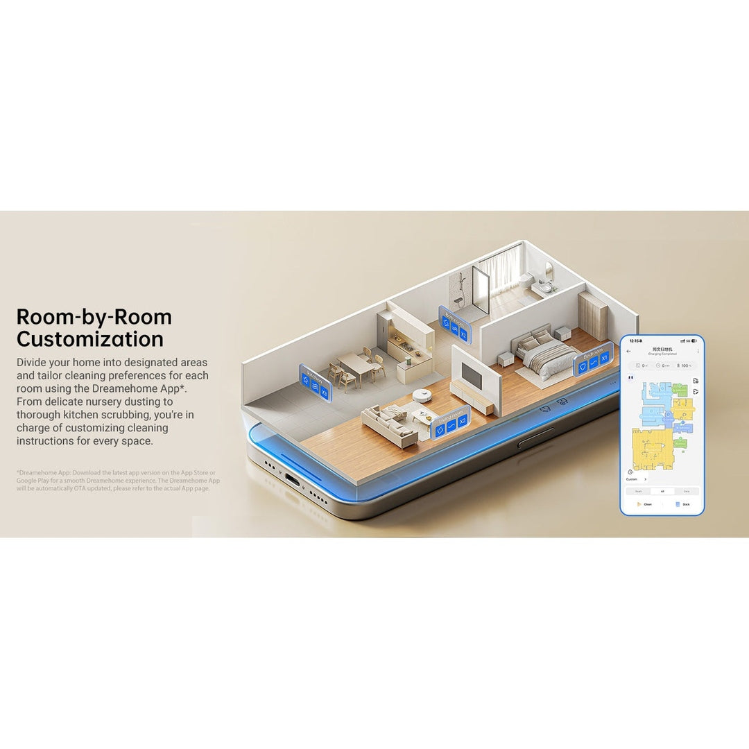 Dreame D10 Plus Gen 2 RLD32GD robot vacuum, room-by-room cleaning graphic in a floor plan