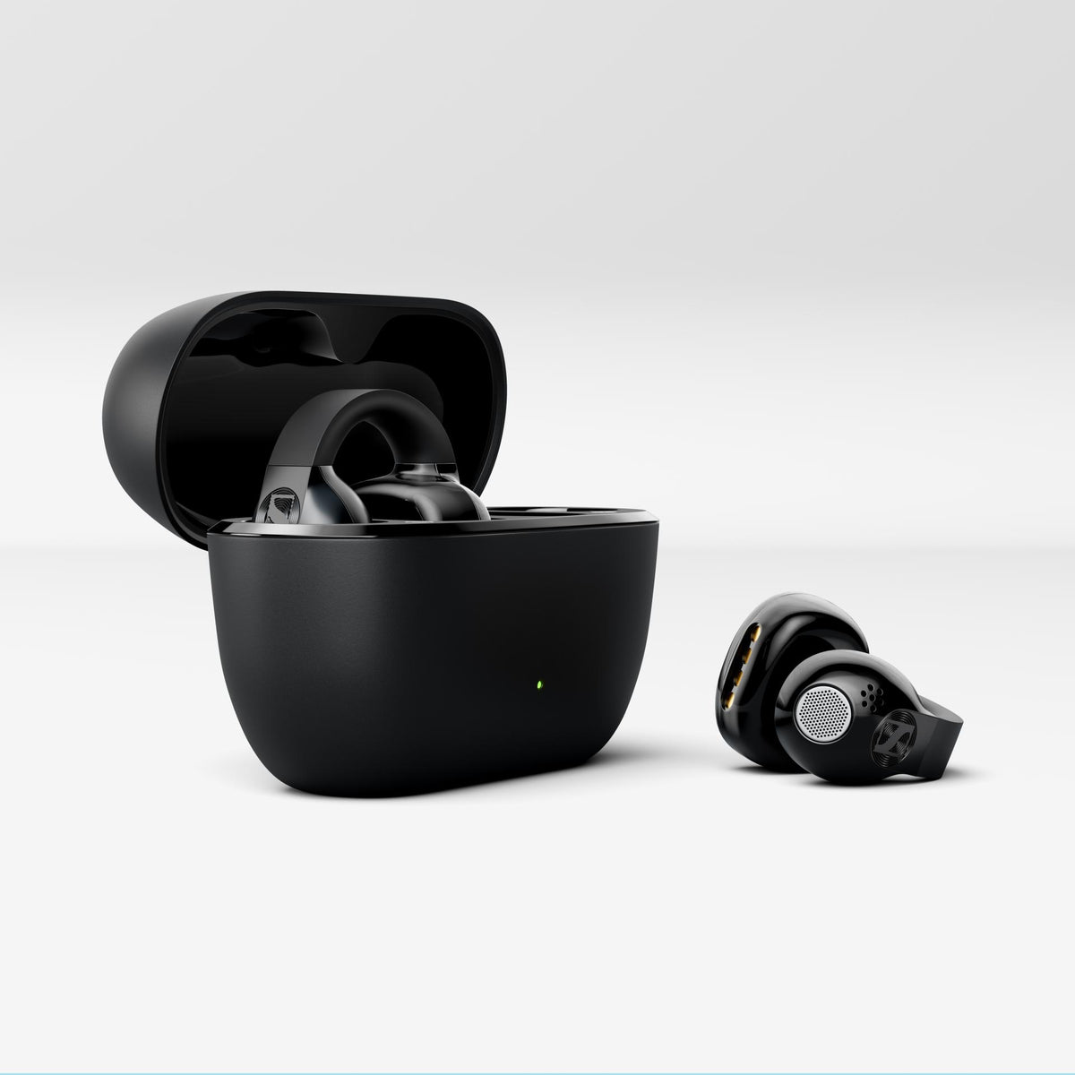 Sennheiser ACCENTUM Clip Open-Ear Earphones Black — CGI render, case and earbuds