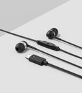 Sennheiser CX 80U USB-C Earphones Black — styled flatlay on two-tone background