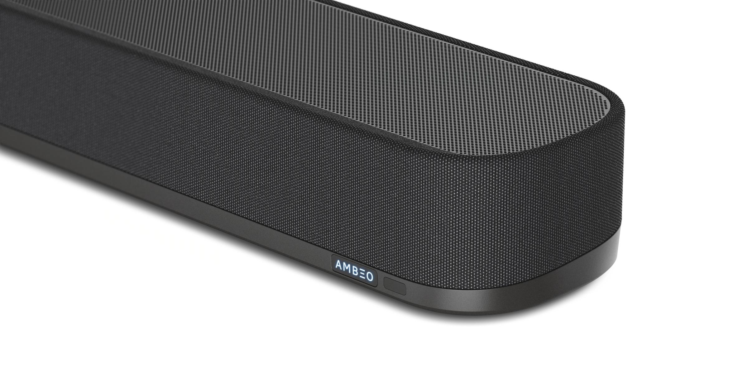 Sennheiser AMBEO Soundbar Plus Black — angled view showing LED lighting and materials