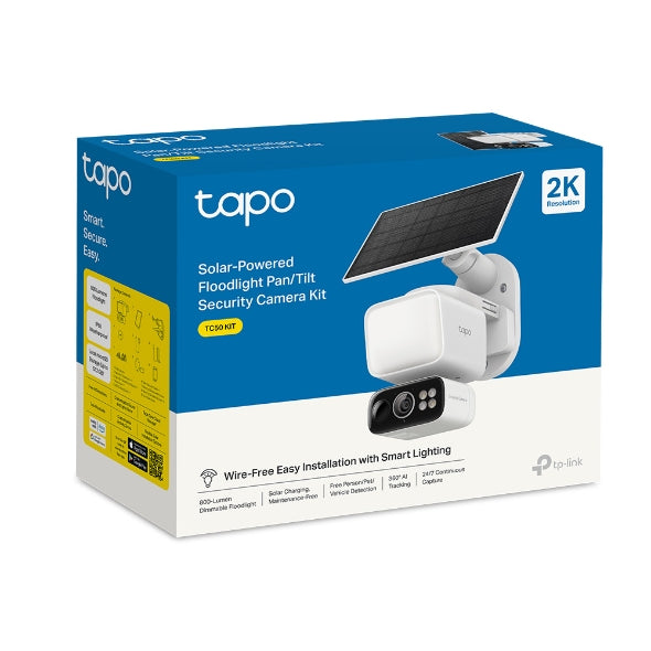 TC50 KIT retail packaging box, Solar-Powered Floodlight Pan/Tilt Security Camera Kit, 2K Resolution