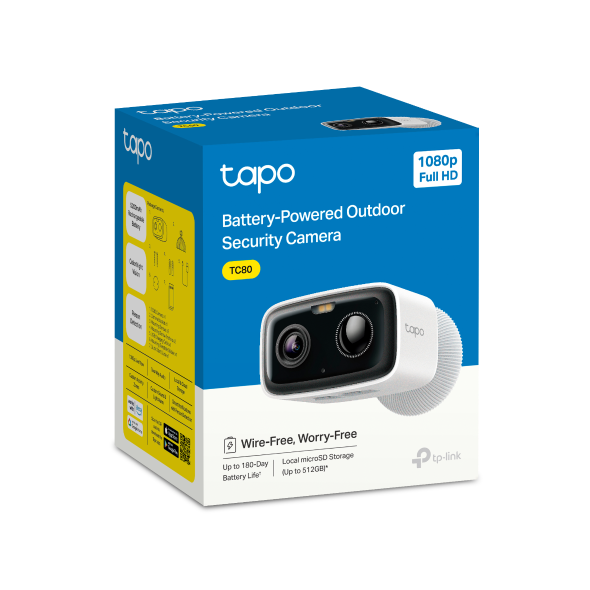 Tapo TC80 battery-powered outdoor security camera retail packaging box, 1080p Full HD