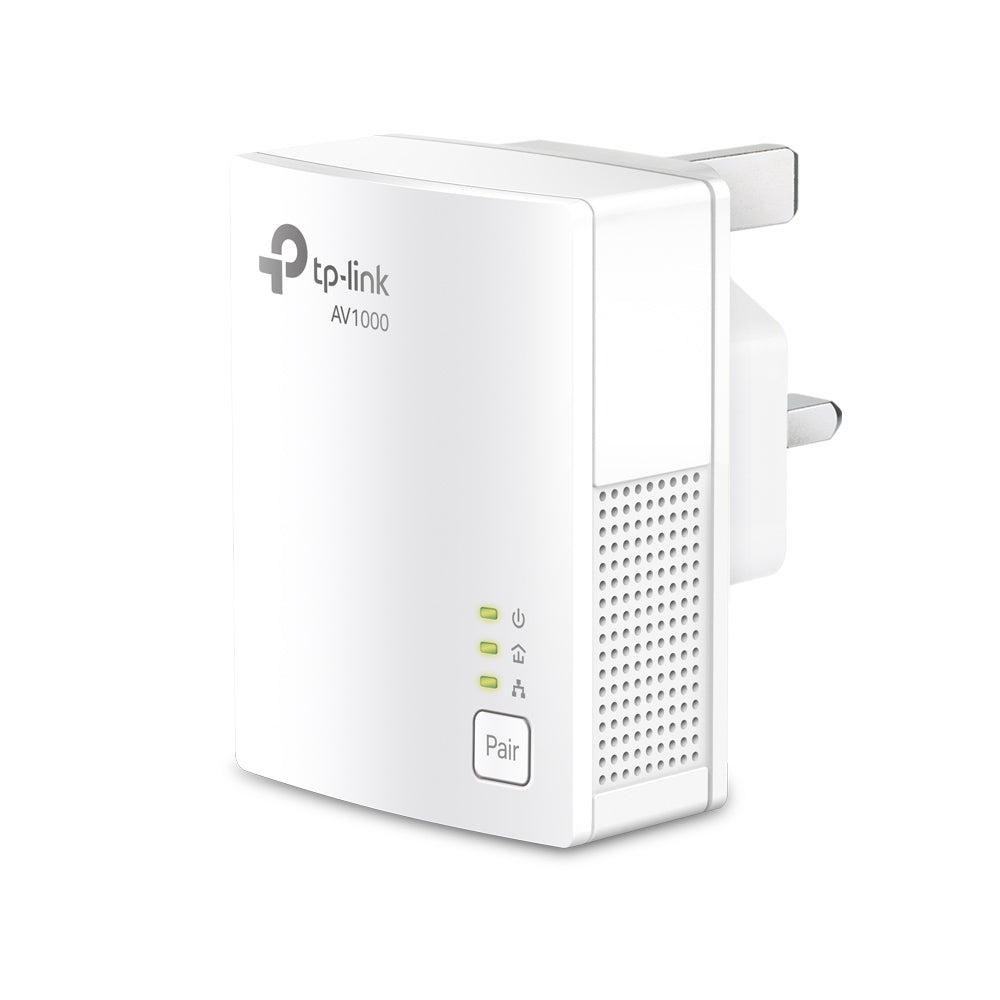 TP-Link TL-PA7017 KIT AV1000 Powerline Starter Kit — single-unit detail view, side angle