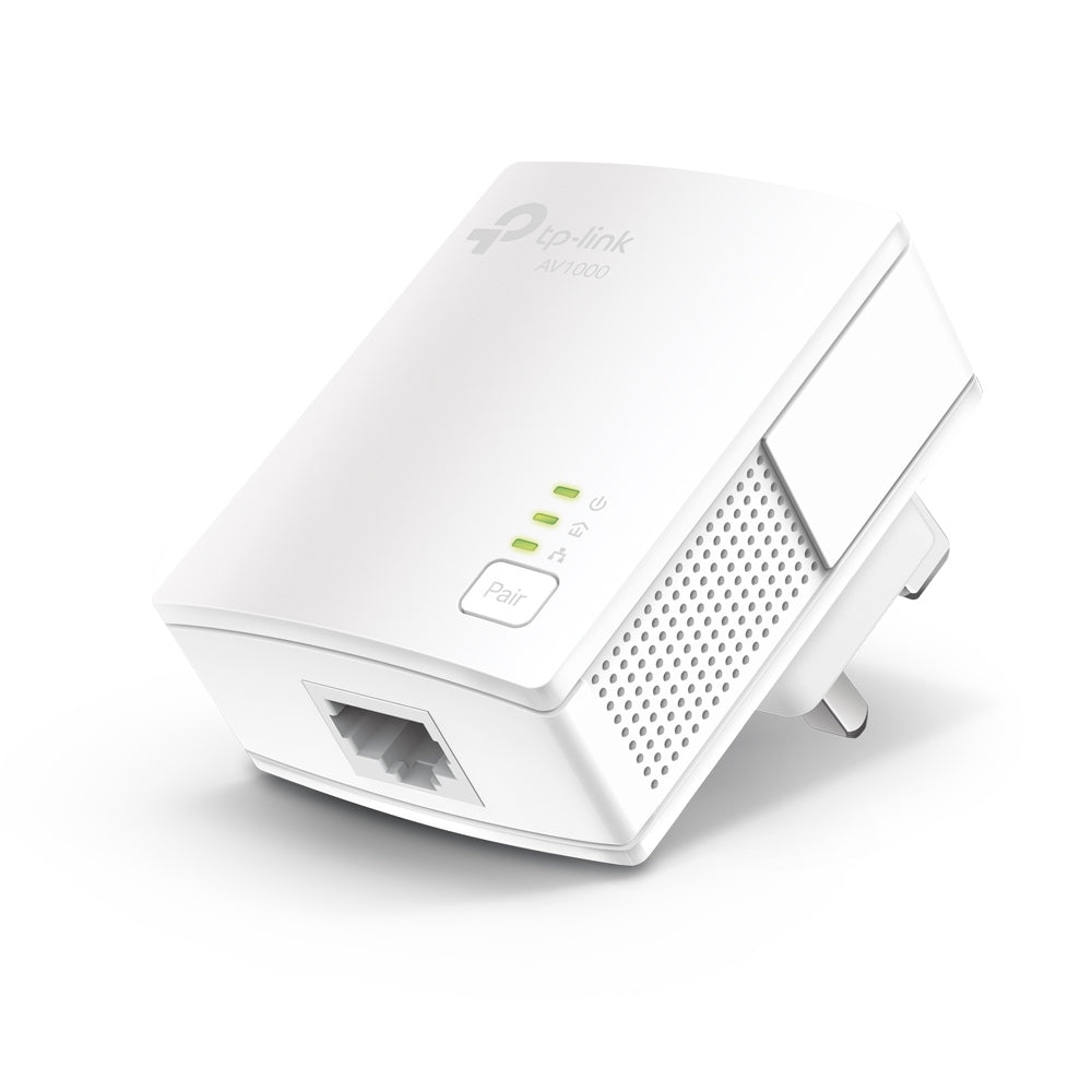 TP-Link TL-PA7017 KIT AV1000 Powerline Starter Kit — single-unit detail view, front angle