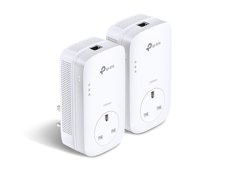 TP-Link TL-PA8010P KIT AV1300 Passthrough Powerline Kit — product view, two units with front passthrough socket