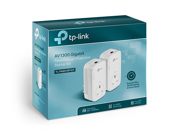 TP-Link TL-PA8010P KIT AV1300 Passthrough Powerline Kit — packaging, two units shown