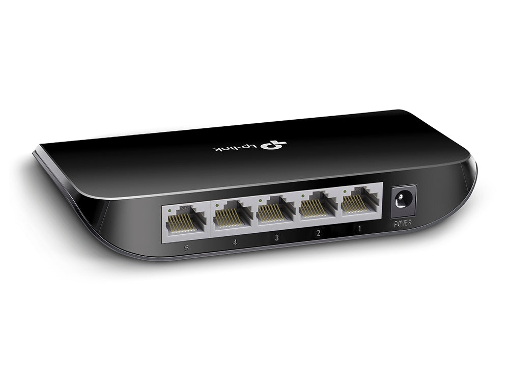 TP-Link TL-SG1005D 5 port Desktop Gigabit Switch — back view showing 5 RJ45 ports and power jack