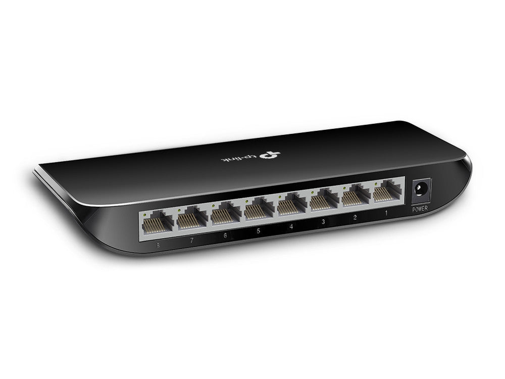 TP-Link TL-SG1008D 8 port Desktop Gigabit Switch — back view showing 8 RJ45 ports and power jack