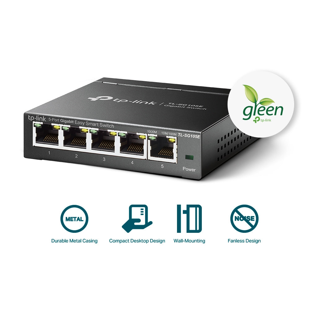 TP-Link TL-SG105E 5 Port Gigabit Easy Smart Switch — angled view, 5 ports and casing badges visible