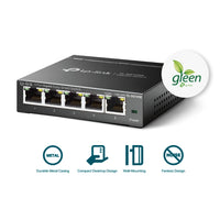 TP-Link TL-SG105E 5 Port Gigabit Easy Smart Switch — angled view, 5 ports and casing badges visible