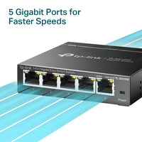 TP-Link TL-SG105E 5 Port Gigabit Easy Smart Switch — hero shot, 5 Gigabit ports highlighted