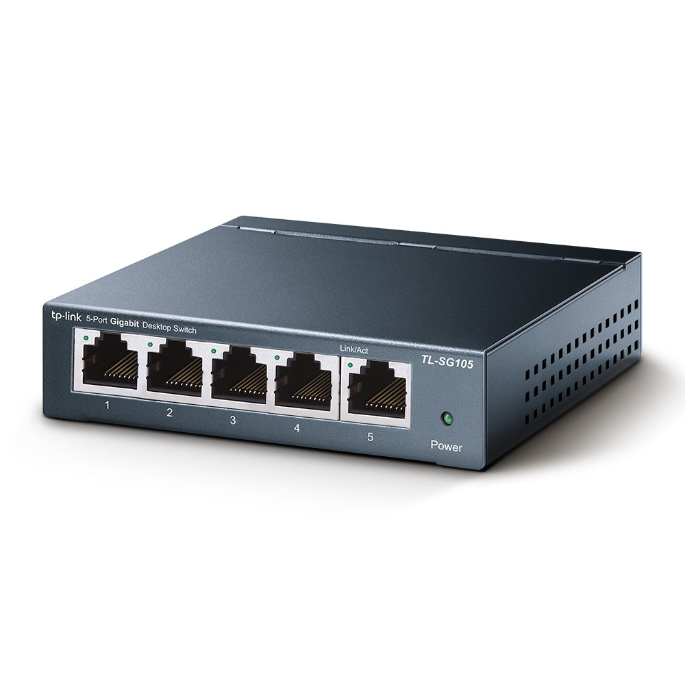 TP-Link TL-SG105 5 port Steel Gigabit Switch — side angle, 5 ports visible