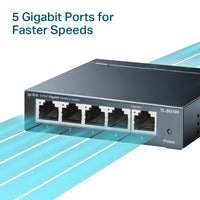 TP-Link TL-SG105 5 port Steel Gigabit Switch — hero shot, 5 Gigabit ports highlighted