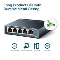TP-Link TL-SG105 5 port Steel Gigabit Switch — hero shot, durable metal casing highlighted