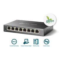 TP-Link TL-SG108E 8 Port Gigabit Easy Smart Switch — angled view, 8 ports and casing badges visible