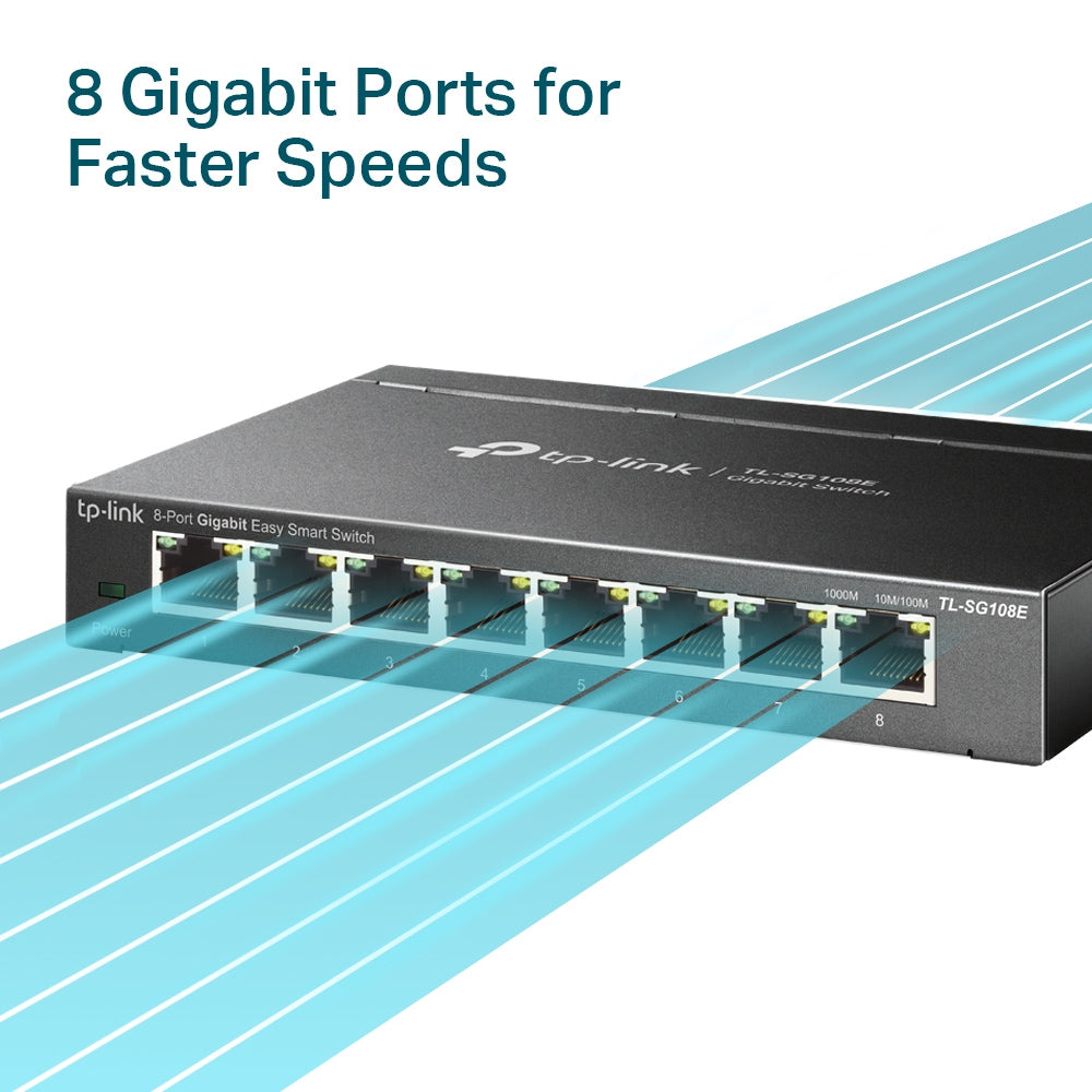 TP-Link TL-SG108E 8 Port Gigabit Easy Smart Switch — hero shot, 8 Gigabit ports highlighted