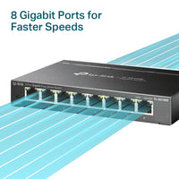 TP-Link TL-SG108E 8 Port Gigabit Easy Smart Switch — hero shot, 8 Gigabit ports highlighted
