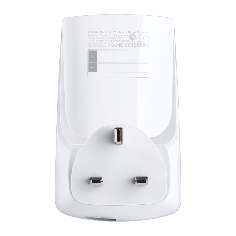 TP-Link TL-WA850RE N300 Universal Range Extender — back view showing EU-style pass-through power socket