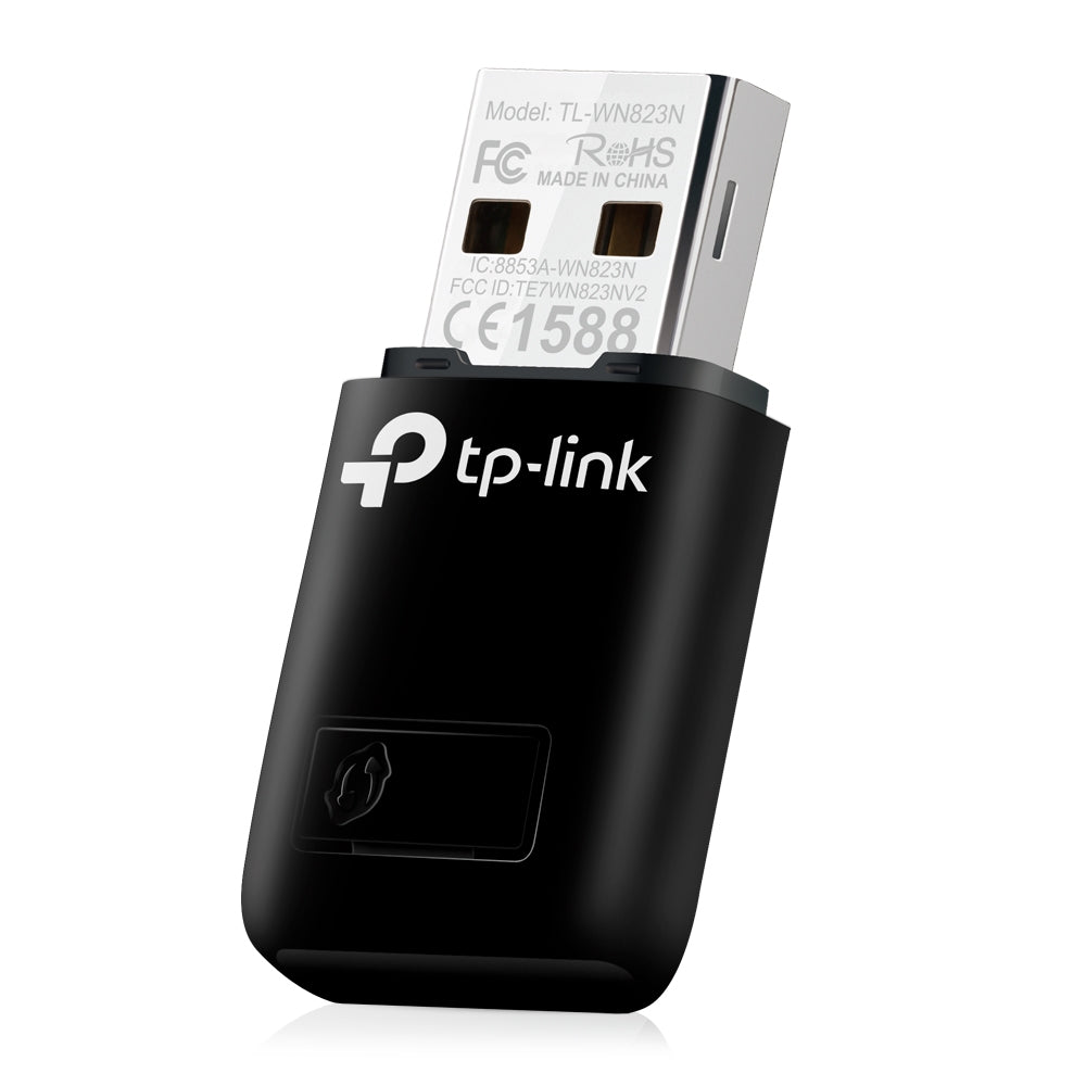 TP-Link TL-WN823N N300 Mini Wi-Fi USB Adapter, QSS button — angled view showing printed model label TL-WN823N
