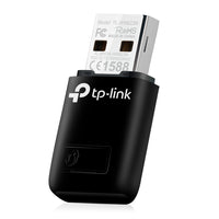 TP-Link TL-WN823N N300 Mini Wi-Fi USB Adapter, QSS button — angled view showing printed model label TL-WN823N