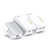 TP-Link TL-WPA4220 TKIT AV600 Powerline Wi-Fi Booster 2 LAN, 3 units — product view, three units (one plain adapter, two Wi-Fi units)