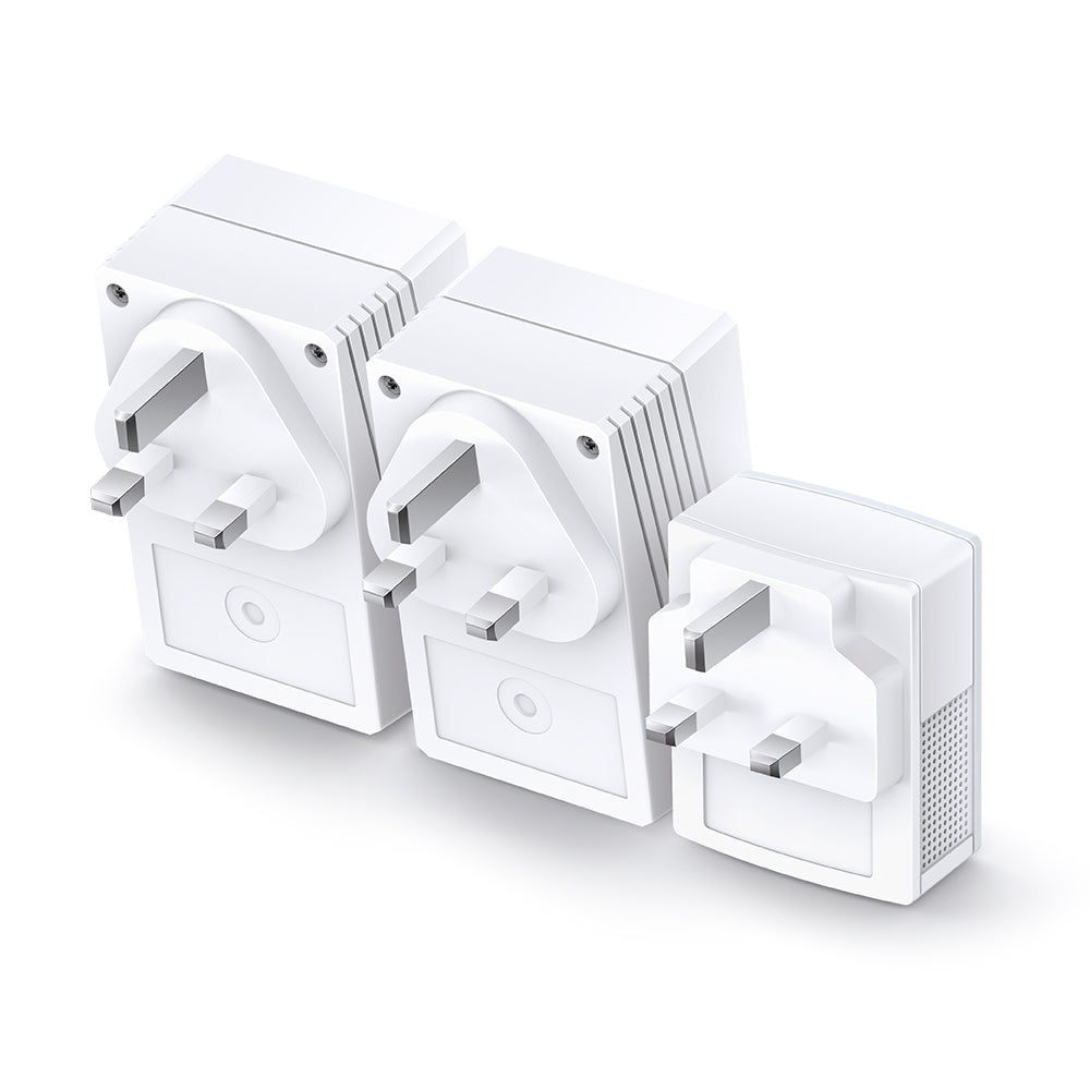 TP-Link TL-WPA4220 TKIT AV600 Powerline Wi-Fi Booster 2 LAN, 3 units — back/plug view, three units