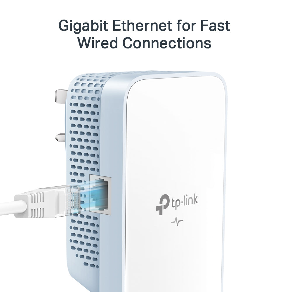 TP-Link TL-WPA7517 KIT AV1000 Gigabit Powerline ac Wi-Fi Kit — single-unit detail view with Ethernet cable