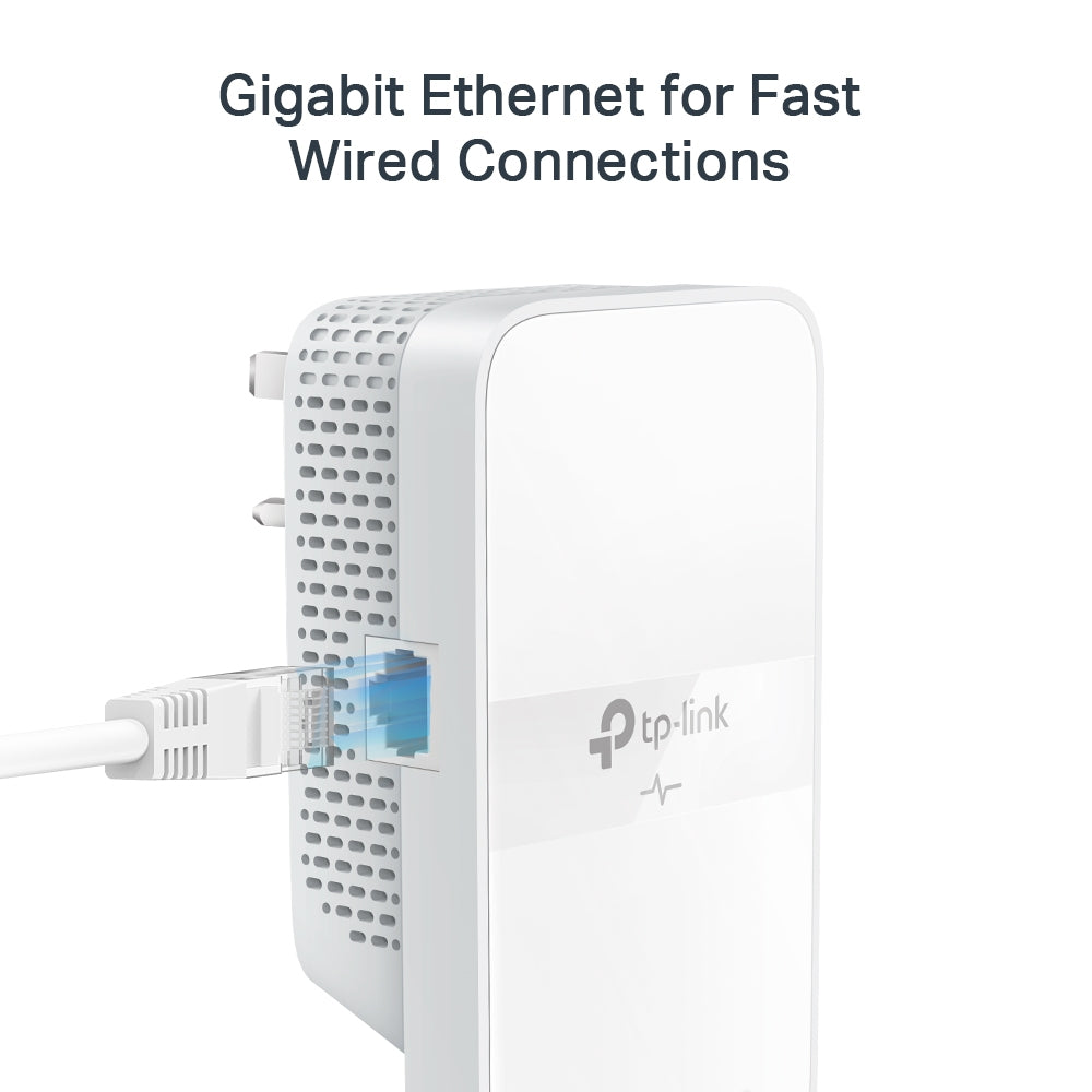TP-Link TL-WPA7617 AV1000 Gigabit Powerline AC1200 Wi-Fi Extender — hero shot with Ethernet cable