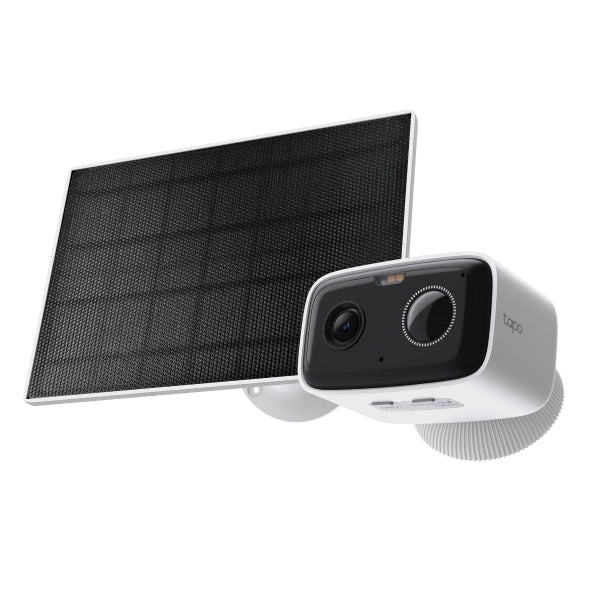 TC80 KIT solar-powered outdoor security camera with solar panel, studio shot showing both kit components