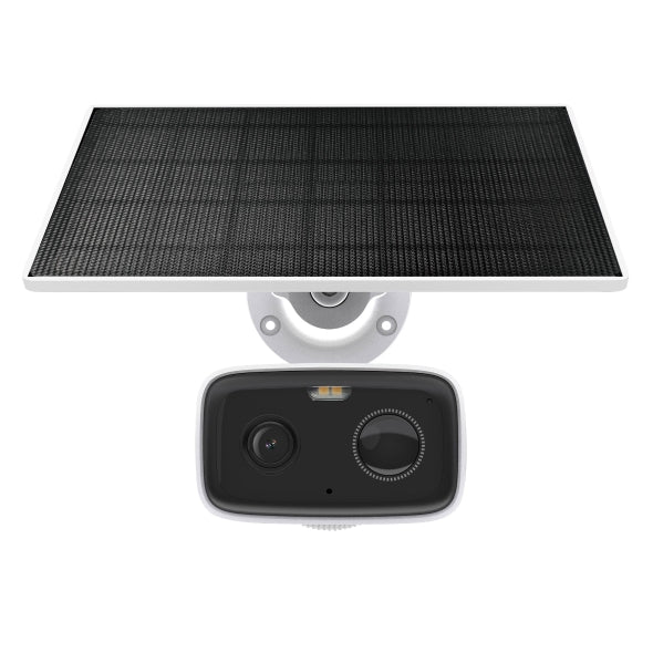 TC80 KIT solar-powered outdoor security camera mounted with solar panel, front view
