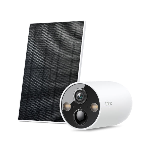 Tapo C425 KIT solar-powered security camera with solar panel, studio shot showing both kit components