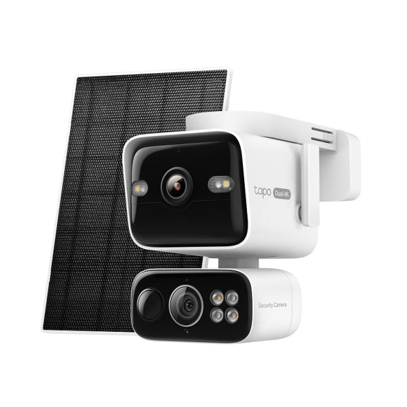 Tapo C675D KIT 4K dual-lens solar-powered pan and tilt security camera with solar panel, studio shot showing fixed wide-angle lens and pan/tilt lens