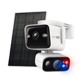 Tapo C675D KIT dual-lens security camera with solar panel, angled view with status LEDs illuminated