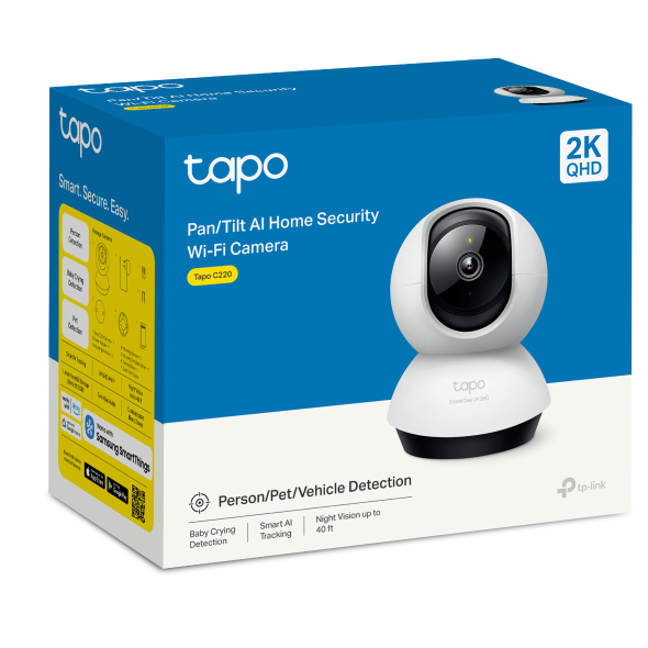 Tapo C220 pan and tilt AI home security Wi-Fi camera retail packaging box, 2K QHD