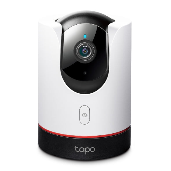 Tapo C225 pan and tilt AI home security Wi-Fi camera, distinctive hood design with red accent ring