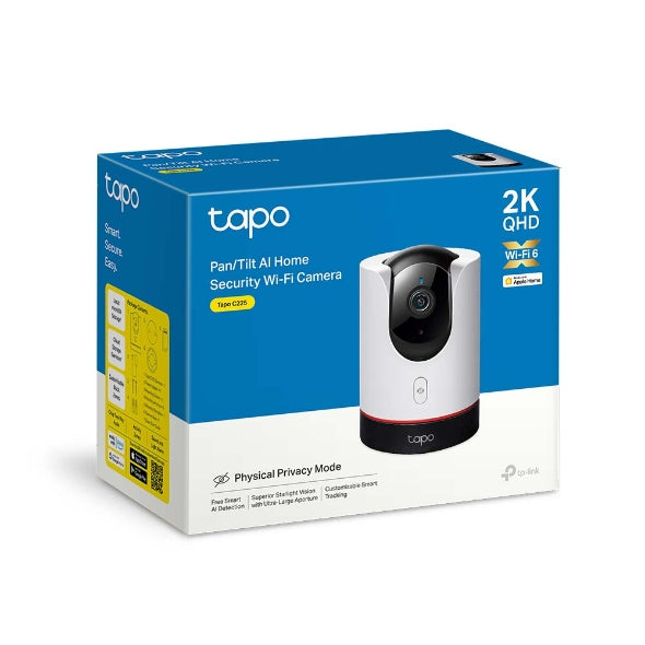 Tapo C225 pan and tilt AI home security Wi-Fi camera retail packaging box, 2K QHD Wi-Fi 6