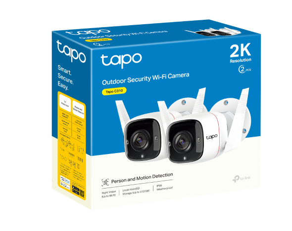 Tapo C310P2 outdoor security Wi-Fi camera retail packaging box, explicitly marked 2 PCS