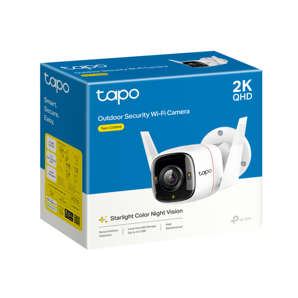 Tapo C320WS outdoor security Wi-Fi camera retail packaging box, 2K QHD
