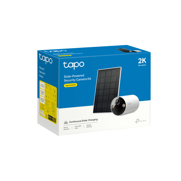 Tapo C410 KIT retail packaging box, Solar-Powered Security Camera Kit, showing camera and panel