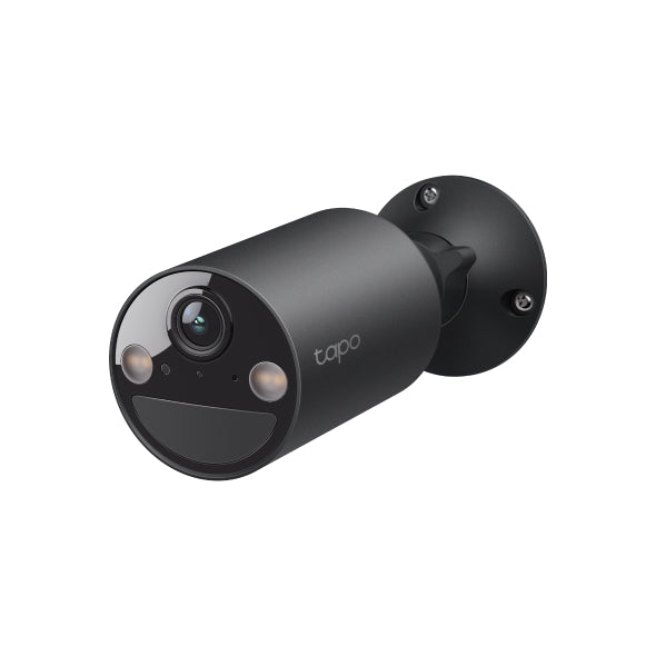 Tapo C411 smart wire-free security camera, Black, three-quarter view with wall mount