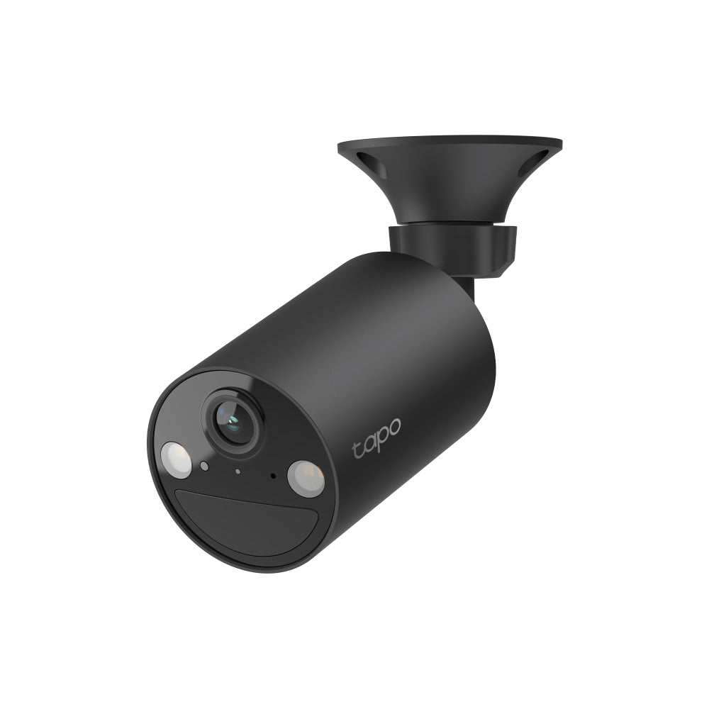 Tapo C411 smart wire-free security camera, Black, angled view on cup-style mount