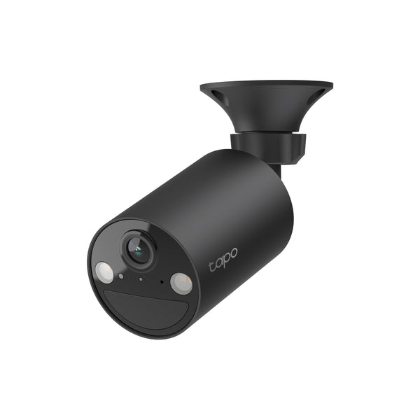 Tapo C411 smart wire-free security camera, Black, angled view on cup-style mount