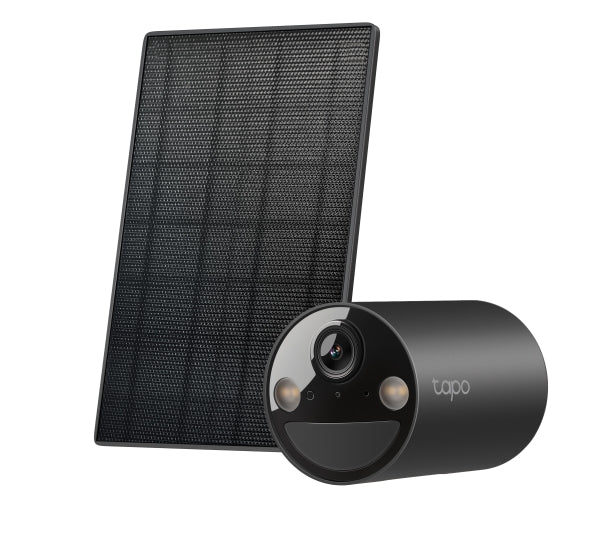 Tapo C411 KIT solar-powered security camera, Black, with solar panel, studio shot showing both kit components