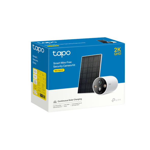 Tapo C425 KIT retail packaging box, Smart Wire-Free Security Camera Kit, showing camera and panel
