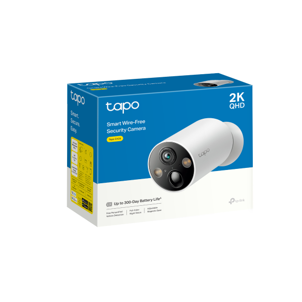 Tapo C425 smart wire-free security camera retail packaging box, 2K QHD