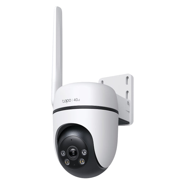Tapo C501GW 1080p pan and tilt 4G LTE security camera with DC/PoE power, wall-mount bracket, side view