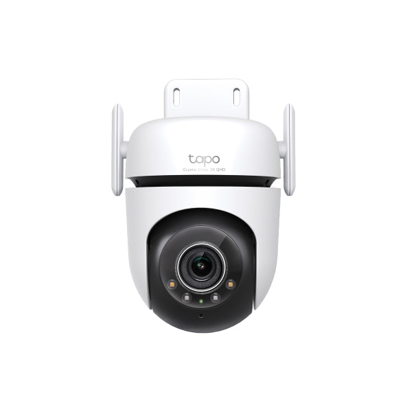 Tapo C520WS outdoor pan and tilt security Wi-Fi camera, front view showing dual antennas and 2K QHD badge