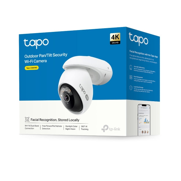 Tapo C560WS 4K outdoor pan and tilt security Wi-Fi camera retail packaging box, 4K Ultra HD