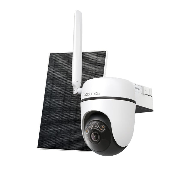 Tapo C615G KIT solar-powered pan and tilt 4G LTE security camera with solar panel and antenna, studio shot
