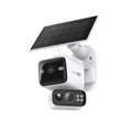 TC93D KIT dual-lens solar-powered pan and tilt security camera with solar panel, studio shot showing fixed and pan/tilt lens modules